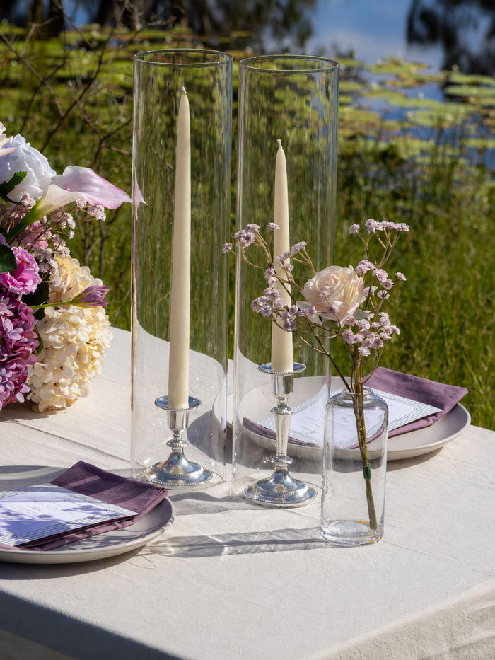Sandstone 35cm Taper Candles with Small Antique Silver Eloise Candle Holders and Sleeves - Set of 12 Pack of 12