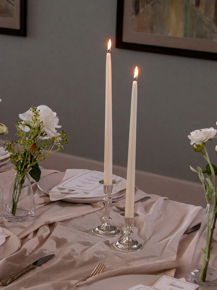 Sandstone 35cm Taper Candles with Small Antique Silver Eloise Candle Holders and Sleeves - Set of 12 Pack of 12