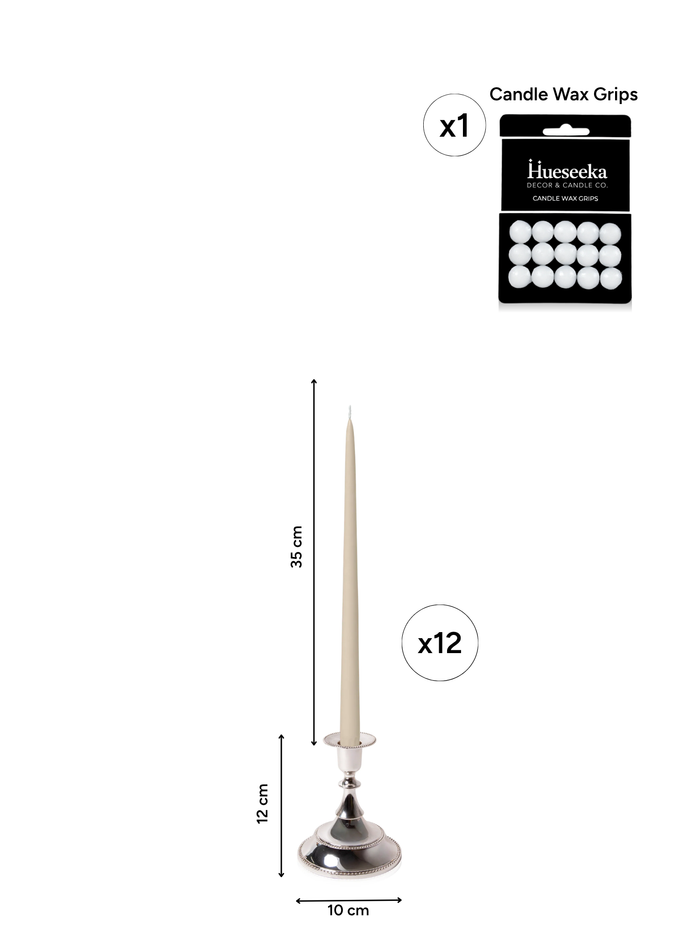 Sandstone 35cm Taper Candles with Small Antique Silver Juliette Candle Holders - Set of 12 Pack of 12