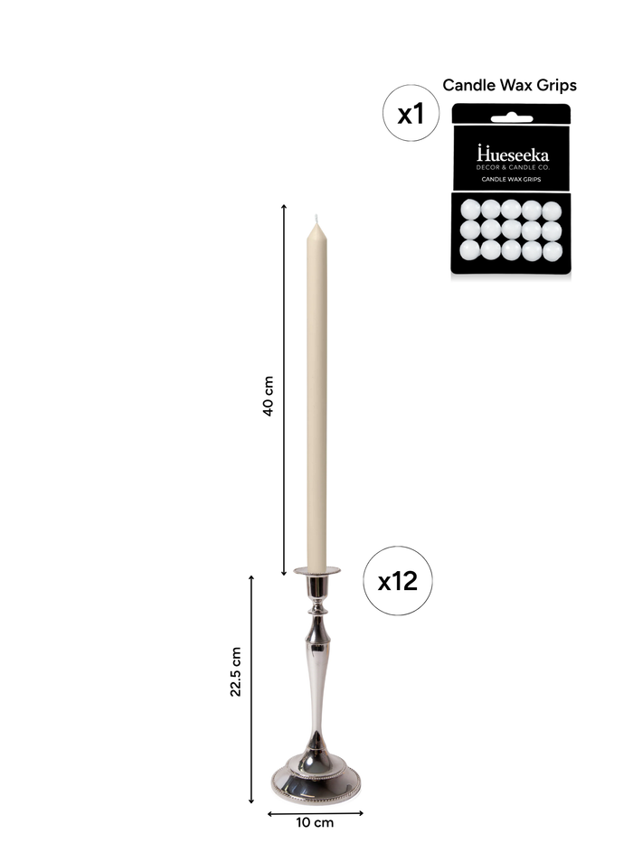 Sandstone 40cm Dinner Candles with Medium Antique Silver Juliette Candle Holders - Set of 12 Pack of 12
