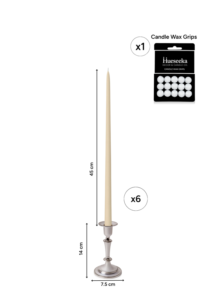Sandstone 45cm Taper Candles with Medium Antique Silver Eloise Candle Holders - Set of 6