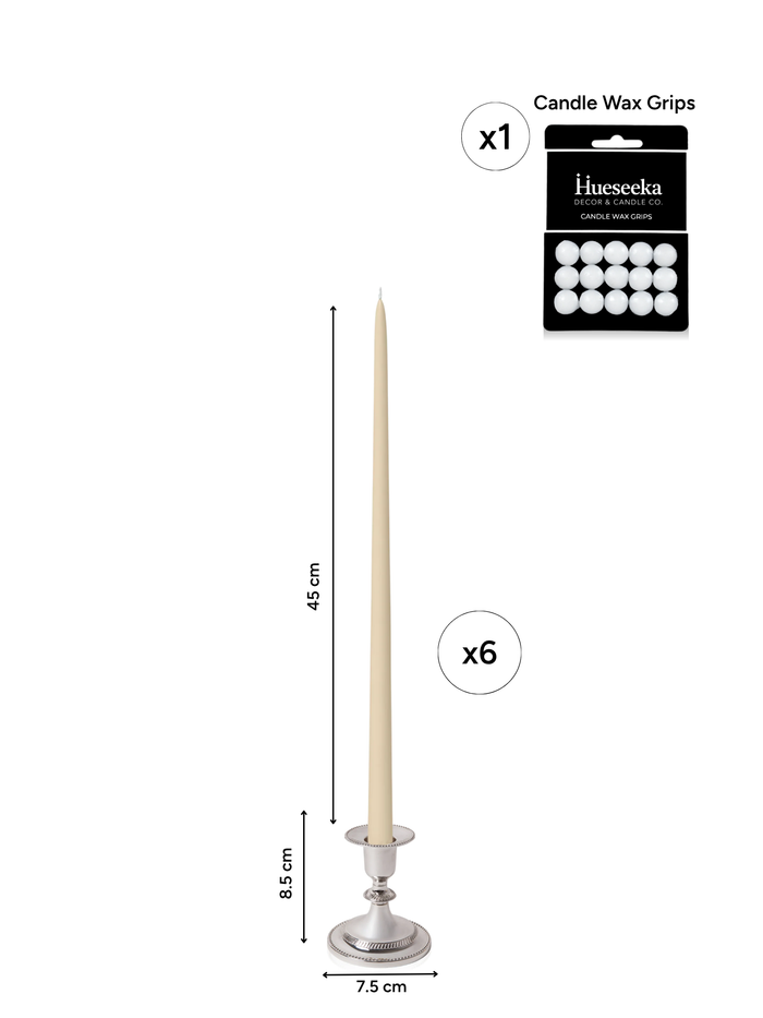 Sandstone 45cm Taper Candles with Small Antique Silver Eloise Candle Holders - Set of 6