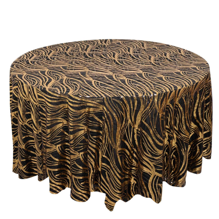 Round tablecloth with black and gold wave pattern on a white background