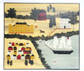 Signed Hope R. Angier "Burk Tavern" Hand Painted Oil on Canvas Folk Art Style Wall Hanging