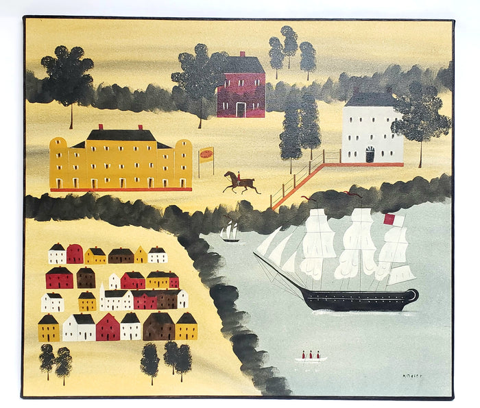 Signed Hope R. Angier "Burk Tavern" Hand Painted Oil on Canvas Folk Art Style Wall Hanging