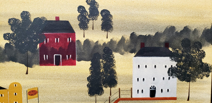 Signed Hope R. Angier "Burk Tavern" Hand Painted Oil on Canvas Folk Art Style Wall Hanging