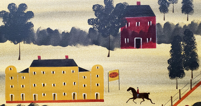Signed Hope R. Angier "Burk Tavern" Hand Painted Oil on Canvas Folk Art Style Wall Hanging