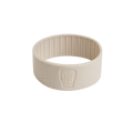KeepCup Silicone Band in Latte colour, shown at a three-quarter angle displaying the textured exterior with radiating line pattern, embossed KeepCup logo, and ribbed interior grip.