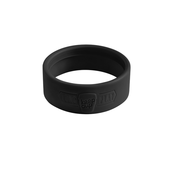 Black Silicone Band Longplay for KeepCup, shown at a three-quarter angle on a plain white background, featuring embossed "Long Play" text and KeepCup logo on the exterior.