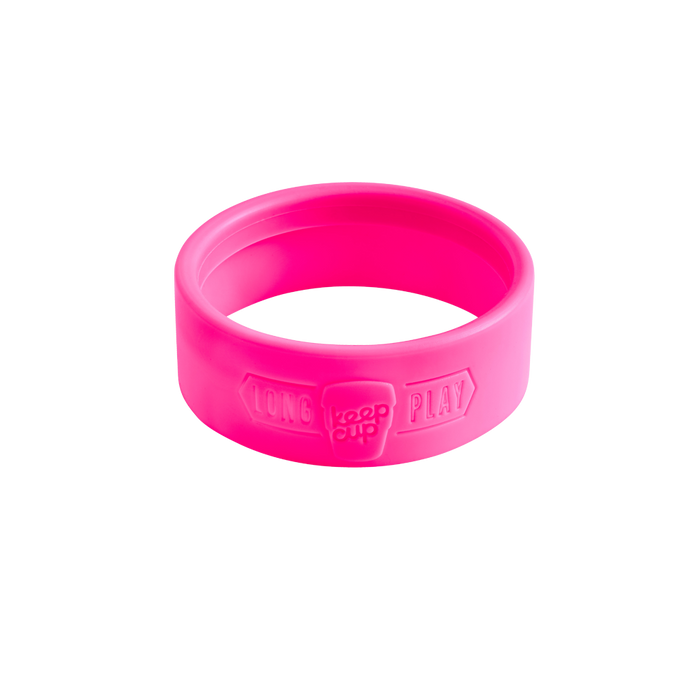 Silicone Band Longplay in Flamingo, a bright pink replacement band shown at a slight angle against a white background, featuring embossed "Long Play" text and KeepCup logo.