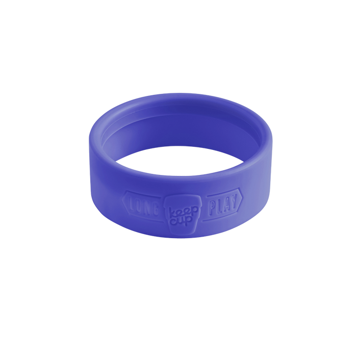 Silicone Band Longplay in Indigo, a purple silicone sleeve shown at a three-quarter angle on a white background, featuring embossed "LONG", KeepCup logo, and "PLAY" text on the exterior.