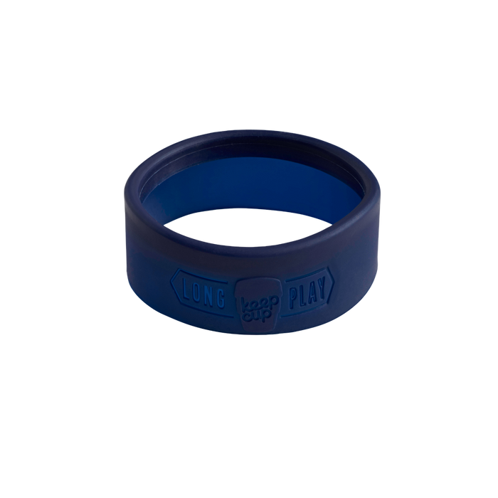 Navy blue Silicone Band Longplay shown at a three-quarter angle against a white background, displaying the embossed "Long Play" and KeepCup logo detailing on the exterior.