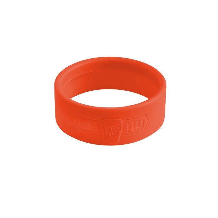 Silicone Band Longplay in Persimmon, an orange-red silicone sleeve shown at a three-quarter angle against a white background, featuring embossed KeepCup branding and size indicators.