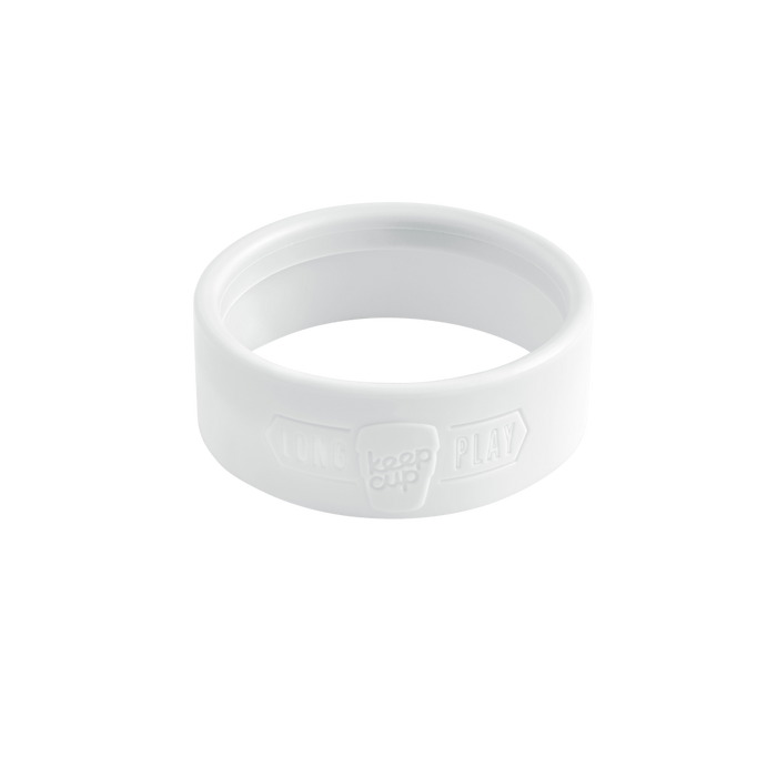 White silicone band for KeepCup Longplay, shown at an angle against a plain background, featuring embossed "Long Play" text and KeepCup logo on the outer surface.