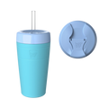 KeepCup Sip and Chill Commuter in Cloud Orchid, showing the turquoise and pale blue reusable cup with plastic straw alongside a top-down view of the lid featuring the sipper opening and KeepCup branding.