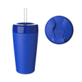 KeepCup Sip and Chill Commuter in Electric, a vibrant blue reusable cup with clear straw, shown from the front alongside a top-down view of the lid featuring the sipper opening and KeepCup branding.
