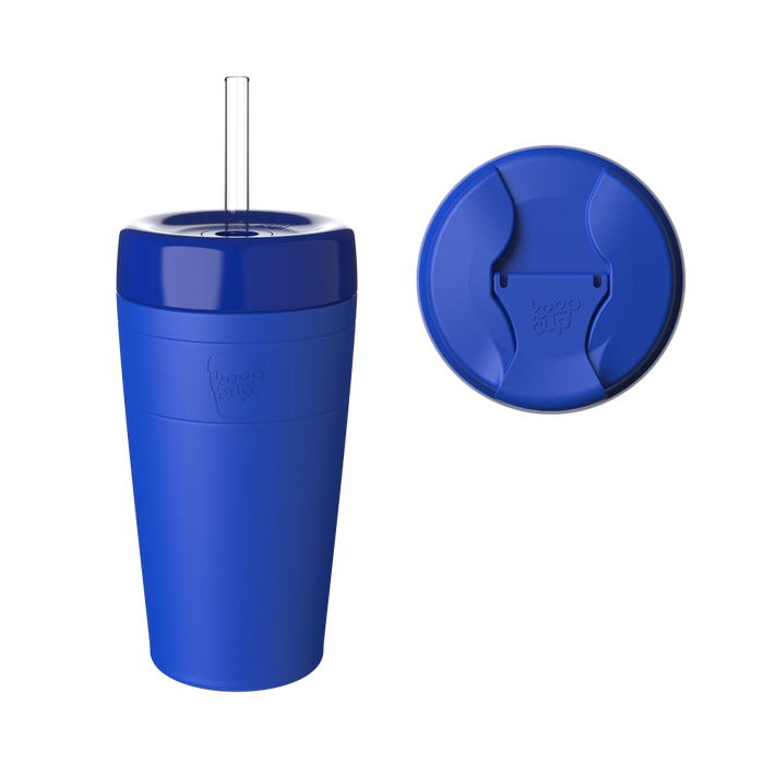 KeepCup Sip and Chill Commuter in Electric, a vibrant blue reusable cup with clear straw, shown from the front alongside a top-down view of the lid featuring the sipper opening and KeepCup branding.