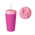 KeepCup Sip and Chill Commuter in Fuchsia Peony, featuring a bright pink reusable cup with light pink lid and clear plastic straw, shown alongside a top-down view of the lid displaying the sipper opening and KeepCup branding.