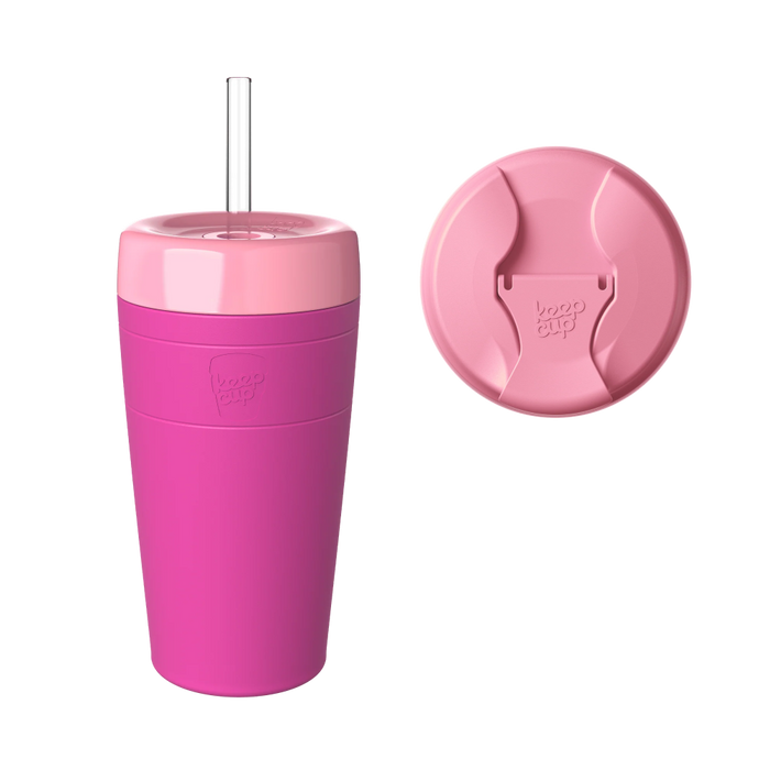 KeepCup Sip and Chill Commuter in Fuchsia Peony, featuring a bright pink reusable cup with light pink lid and clear plastic straw, shown alongside a top-down view of the lid displaying the sipper opening and KeepCup branding.