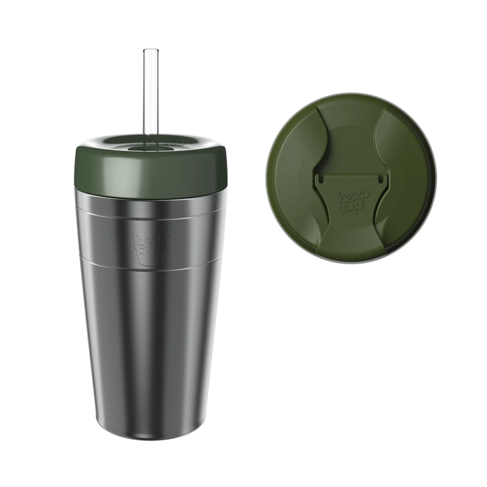 KeepCup Sip and Chill Commuter in Nitro Pine, featuring a stainless steel tumbler with olive green lid and clear straw, shown alongside a top-down view of the lid displaying the KeepCup logo and sipper opening.