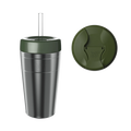 KeepCup Sip and Chill Commuter in Nitro Pine, featuring a stainless steel tumbler with olive green lid and clear straw, shown alongside a top-down view of the lid displaying the KeepCup logo and sipper opening.