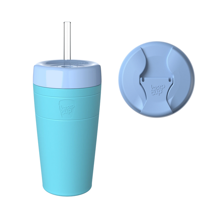KeepCup Sip and Chill Commuter in Cloud Orchid, showing the turquoise and pale blue reusable cup with plastic straw alongside a top-down view of the lid featuring the sipper opening and KeepCup branding.
