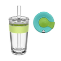 KeepCup Sip and Chill Longplay in Matcha, featuring a clear double-walled tumbler with light green silicone band and reusable straw, shown alongside a top-down view of the teal and green two-tone lid with sliding closure.
