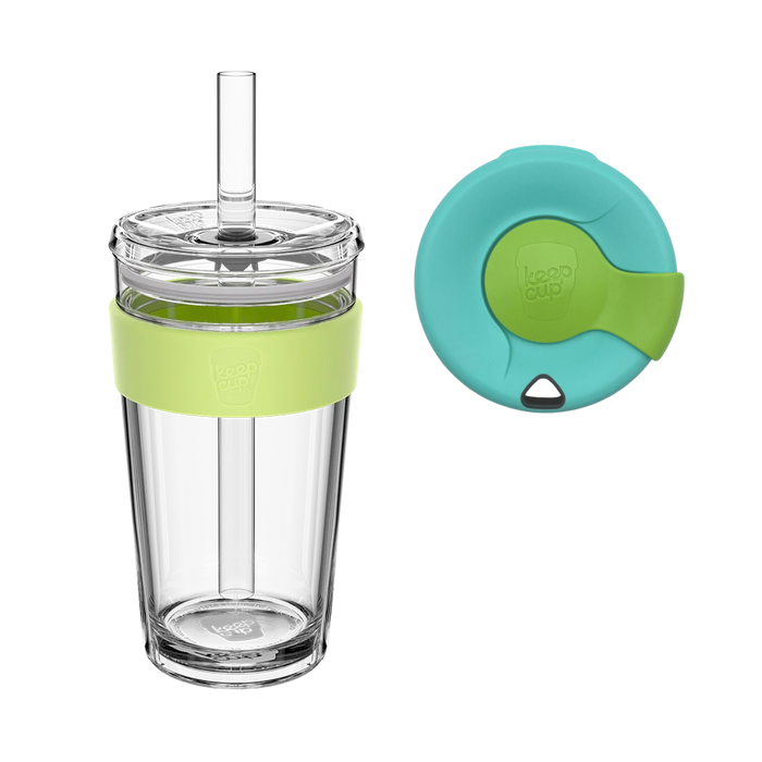 KeepCup Sip and Chill Longplay in Matcha, featuring a clear double-walled tumbler with light green silicone band and reusable straw, shown alongside a top-down view of the teal and green two-tone lid with sliding closure.