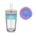 KeepCup Sip and Chill Longplay in Moonlight colour, featuring a clear double-walled cup with light blue silicone band and straw, shown alongside a purple and blue sipper lid with the KeepCup logo.