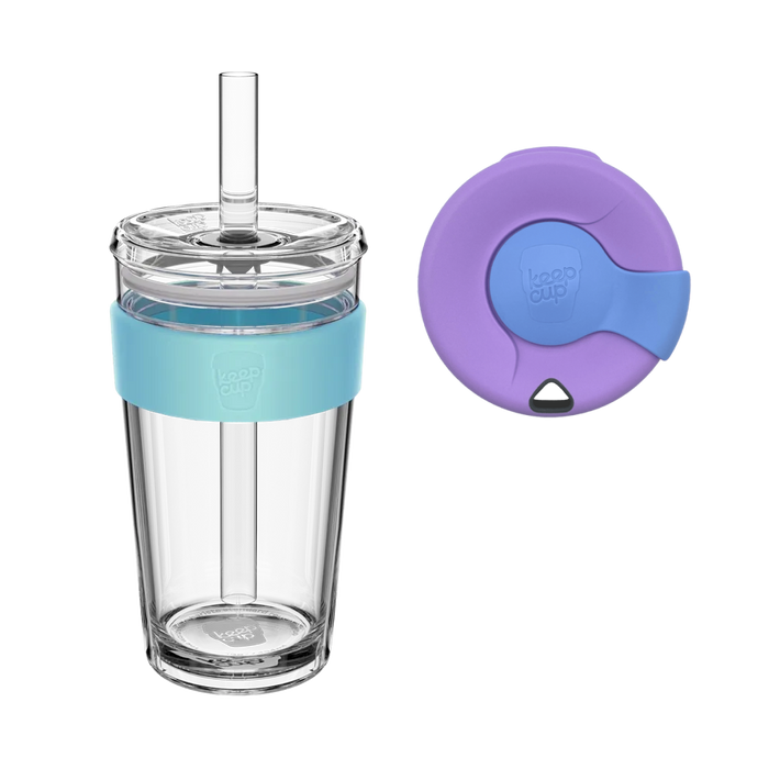 KeepCup Sip and Chill Longplay in Moonlight colour, featuring a clear double-walled cup with light blue silicone band and straw, shown alongside a purple and blue sipper lid with the KeepCup logo.