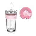 KeepCup Sip and Chill Longplay in Pashmak, a clear double-walled tumbler with soft pink silicone band and reusable straw, shown alongside a top-down view of the matching pink lid with drinking spout and straw opening.