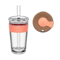 KeepCup Sip and Chill Longplay in Frappe, a clear double-walled reusable cup with coral silicone band and straw, shown alongside a brown and coral replacement lid with sliding closure.