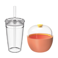 KeepCup Sip and Snack in Clay, showing two components side by side: a clear reusable tumbler with straw and lid on the left, and a round coral-coloured snack container with transparent domed lid and yellow vent button on the right.