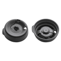KeepCup Splashproof Lid Base in Black for Brew XS, shown from two angles: the top view displaying the central spout opening and side grips, and the underside view revealing the internal valve mechanism and patent markings.