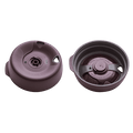 KeepCup Splashproof Lid Base in Blackberry colour shown from two angles: exterior view displaying the drinking spout and plug hole, and interior view revealing the valve mechanism and embossed branding, designed to fit Brew XS cups.