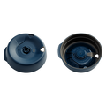 KeepCup Splashproof Lid Base in Midnight colour shown from two angles: top view displaying the drinking spout and closure mechanism, and underside view revealing the internal sealing components with "Designed and made in Australia" text visible.