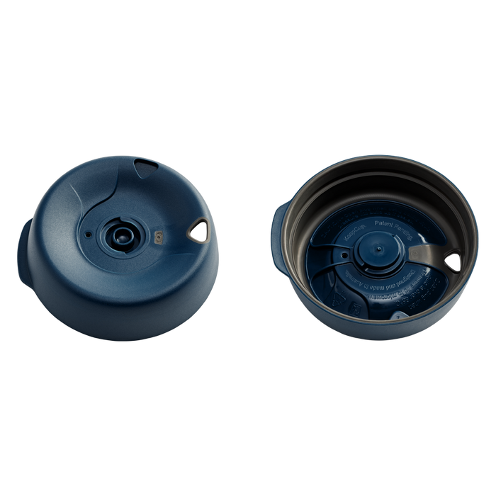 KeepCup Splashproof Lid Base in Midnight colour shown from two angles: top view displaying the drinking spout and closure mechanism, and underside view revealing the internal sealing components with "Designed and made in Australia" text visible.