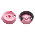Splashproof Lid Base in pink shown from two angles: the top view displaying the central drinking spout and ventilation hole, and the underside view revealing the grey inner mechanism with pink rotating disc and product markings.
