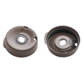 Splashproof Lid Base in a bronze colour shown from two angles against a white background: the top view displays the central drinking opening with splash-resistant design, while the underside view reveals the internal mechanism and "Designed and made in Australia" text moulded into the plastic.