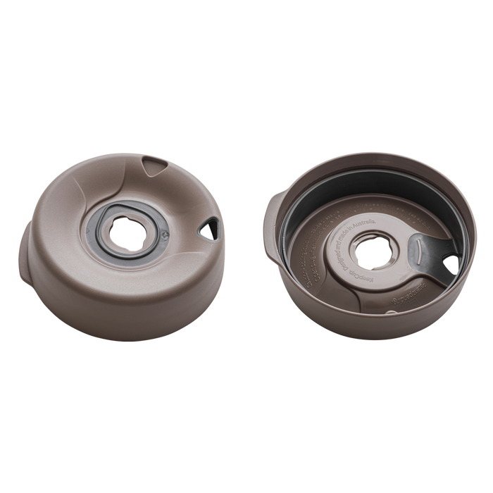 Splashproof Lid Base in a bronze colour shown from two angles against a white background: the top view displays the central drinking opening with splash-resistant design, while the underside view reveals the internal mechanism and "Designed and made in Australia" text moulded into the plastic.