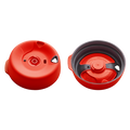 KeepCup Splashproof Lid Base in Warm Red for Brew XS, shown from two angles: the top view displaying the circular lid with central drinking spout and side openings, and the underside view revealing the red inner mechanism fitted within the grey outer ring.