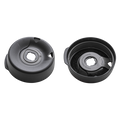 Splashproof Lid Base in Black shown from two angles: the top view displaying the drinking opening and splash-resistant design, and the underside revealing the internal mechanism with "KeepCup, designed and made in Australia" text visible.