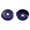 Splashproof Lid Base in Deep Purple shown from two angles: the domed top view displaying the central drinking hole with black silicone seal and ventilation openings, and the underside view revealing the internal structure and moulded text.