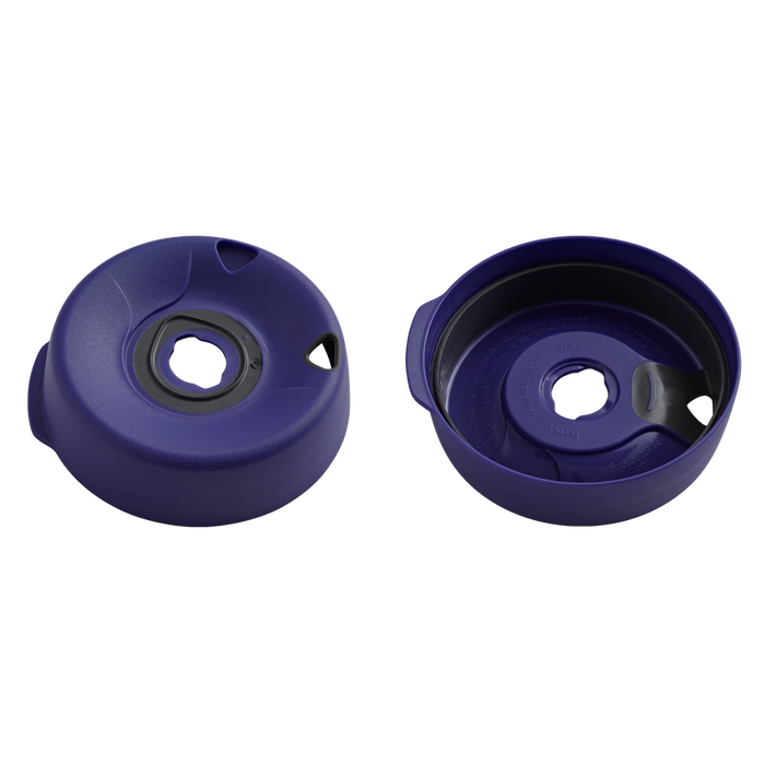 Splashproof Lid Base in Deep Purple shown from two angles: the domed top view displaying the central drinking hole with black silicone seal and ventilation openings, and the underside view revealing the internal structure and moulded text.