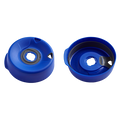 Splashproof Lid Base in Electric Blue shown from two angles: the top view displaying the central drinking hole with grey silicone seal, and the underside view revealing the inner lid mechanism and ridged seal.