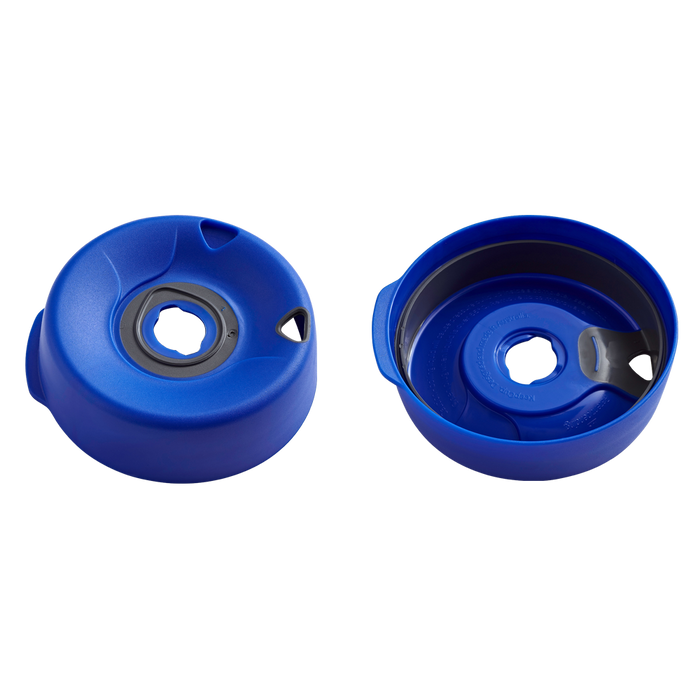 Splashproof Lid Base in Electric Blue shown from two angles: the top view displaying the central drinking hole with grey silicone seal, and the underside view revealing the inner lid mechanism and ridged seal.