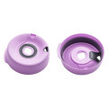 Splashproof Lid Base in Lilac shown from two angles: the top view displaying the circular lid with central drinking hole and grey silicone seal, and the underside view revealing the internal structure and embossed text indicating it is designed and made in Australia.