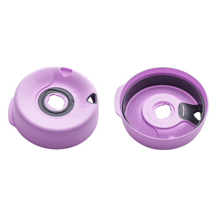 Splashproof Lid Base in Lilac shown from two angles: the top view displaying the circular lid with central drinking hole and grey silicone seal, and the underside view revealing the internal structure and embossed text indicating it is designed and made in Australia.