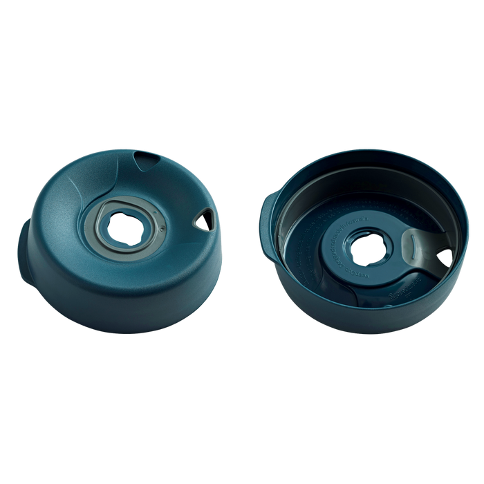 KeepCup Splashproof Lid Base in Mariana shown from two angles: the domed top view displaying the drinking spout and central opening, and the underside revealing the internal seal mechanism and circular base.