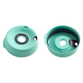 Splashproof Lid Base in Mint shown from two angles: the top view displays the circular lid with central drinking hole and grey silicone seal, while the underside view reveals the internal mechanism and threading for attachment to KeepCup vessels.